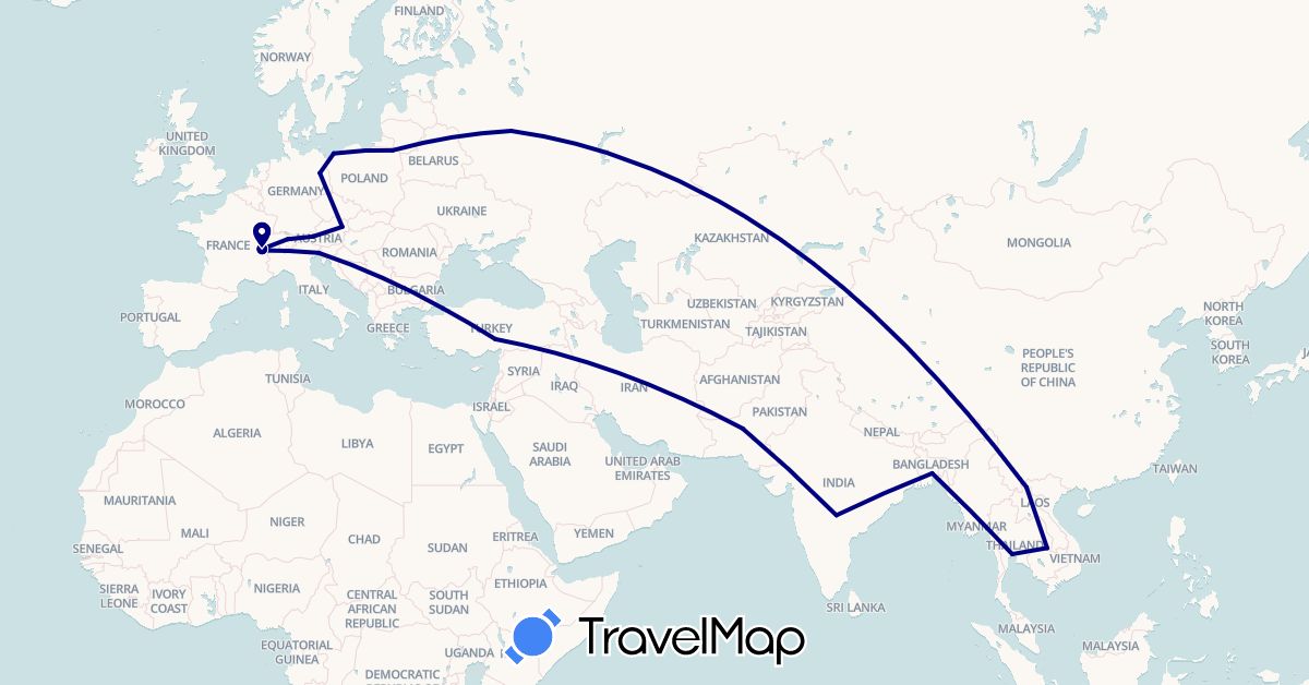 TravelMap itinerary: driving in Austria, Bangladesh, Switzerland, Germany, France, India, Italy, Laos, Pakistan, Poland, Russia, Thailand, Turkey (Asia, Europe)